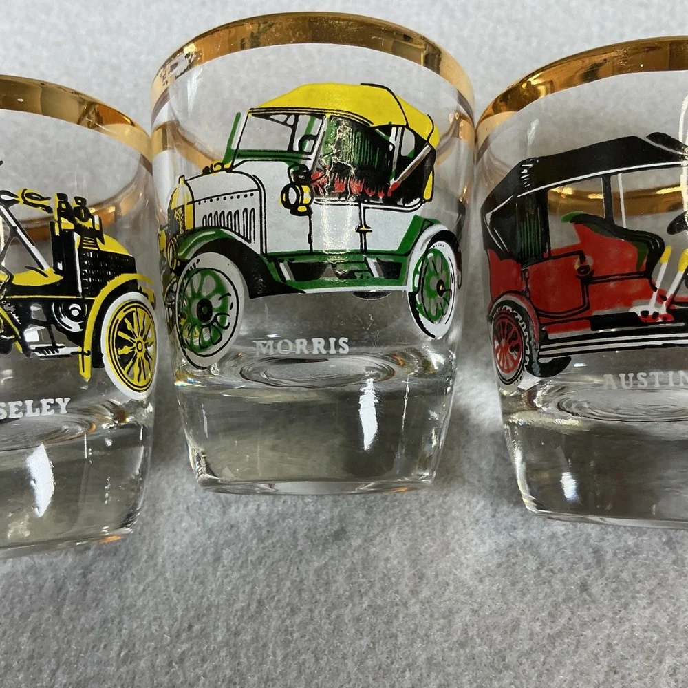 Vintage Car Shot Glass Set Gold Rim Barware 5pc Retro Auto Design‎